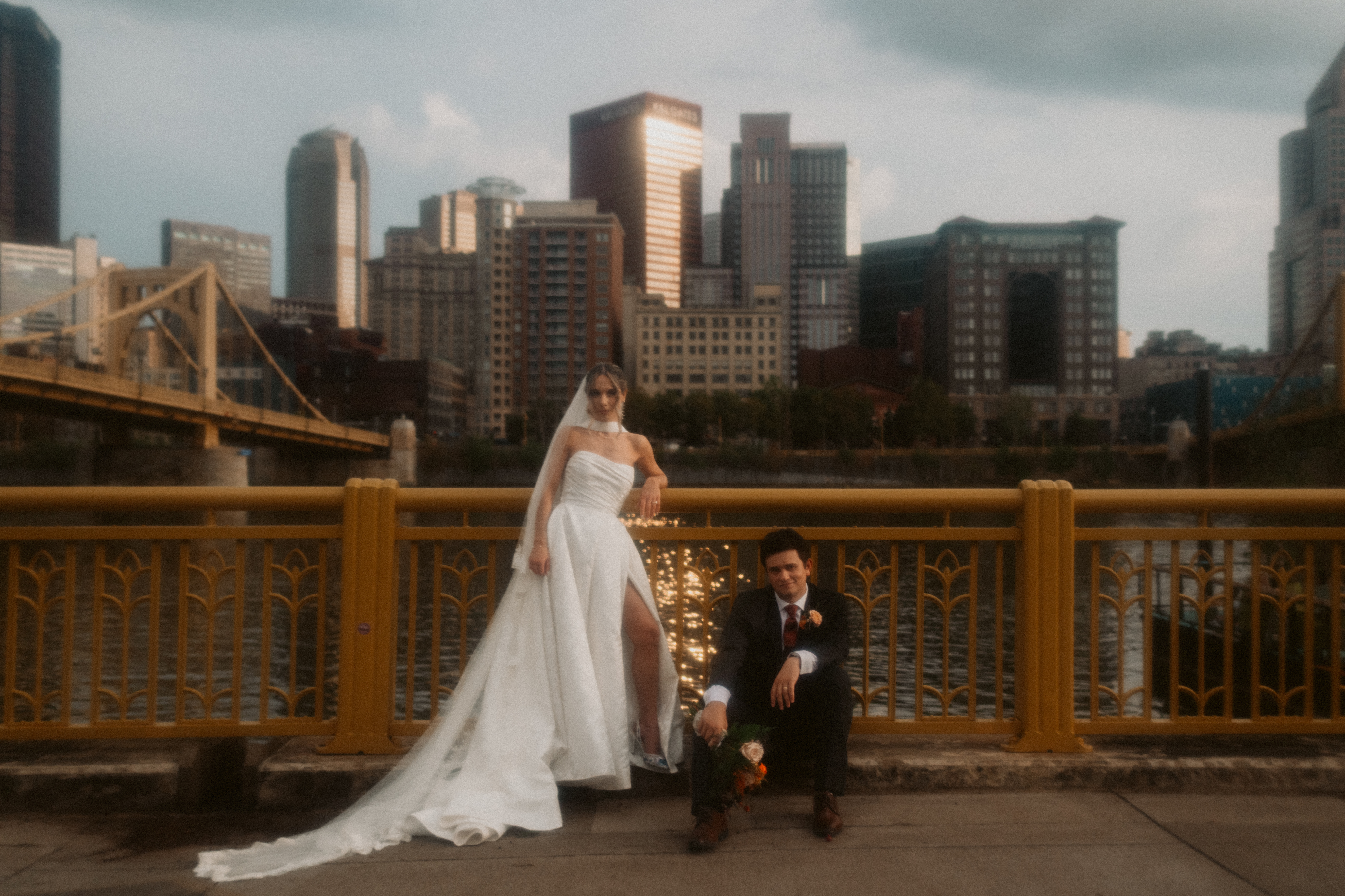 Bride and groom along the north shore in pittsburgh pa on their wedding day
